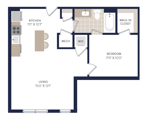 Floor plan for 1 bed, 1 bath, 613 sqft